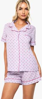 Heart Print Pinstripe Korte Mouwen Overhemd & Korte Pyjama Set, Lilac - 36