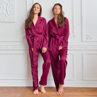 Hechan Rode Vrouwelijke Nachtkleding Met Sjerpen 2 Delige Set Losse Lange Mouwen Satin Vrouwen Pyjama Broek Effen Homewear Casual Pak sets