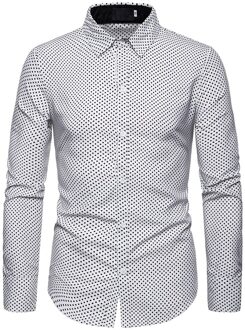 HEFLASHOR Casual Smart Mannen Shirt Top Herfst Lange Mouwen Slanke Polka Dot Fit Turn Down Kraag Mannelijke Shirts Jurk camisa wit / XL