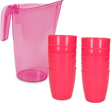 Hega hogar 10x kunststof drinkbekers 300 ML met schenkkan set roze van 1.75 liter