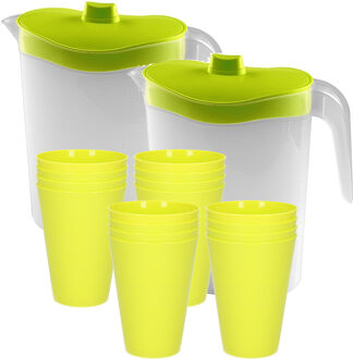 Hega hogar 16x kunststof drinkbekers 430 ML met 2x stuks schenkkannen set groen van 2.5 liter