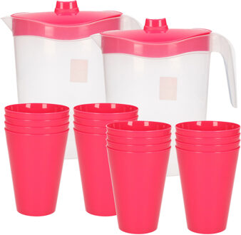 Hega hogar 16x kunststof drinkbekers 430 ML met 2x stuks schenkkannen set roze van 2.5 liter - Schenkkannen