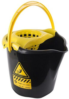 Hega hogar 1x Huishoudemmers met dweil houder 13,5 liter zwart/geel caution 32 x 30 cm - Emmers