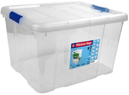 Hega hogar 1x Opbergboxen/opbergdozen met deksel 25 liter kunststof transparant/blauw - Opbergbox