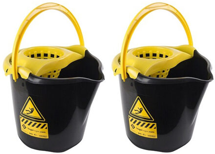 Hega hogar 2x Huishoudemmers met dweil houder 13,5 liter zwart/geel caution 32 x 30 cm - Emmers