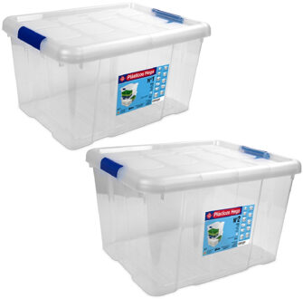 Hega hogar 2x Opbergboxen/opbergdozen met deksel 16 en 25 liter kunststof transparant/blauw - Opbergbox