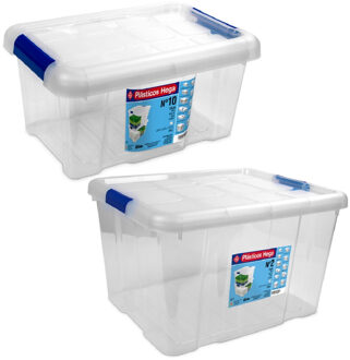 Hega hogar 2x Opbergboxen/opbergdozen met deksel 5 en 25 liter kunststof transparant/blauw - Opbergbox