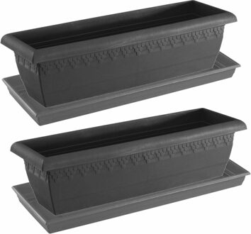 Hega hogar 2x stuks antraciet grijze plantenbakken/bloembakken met onderschaal 60 x 20 x 16 cm