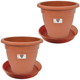 Hega hogar 2x stuks bloempot met onderschaal terra cotta rond diameter 50 cm - Plantenpotten Bruin