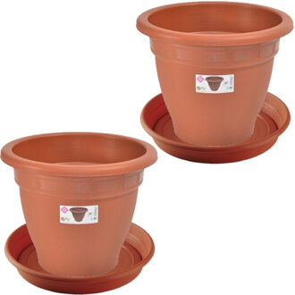 Hega hogar 2x stuks bloempotten met onderschaal terra cotta rond diameter 30 cm - Plantenpotten Bruin