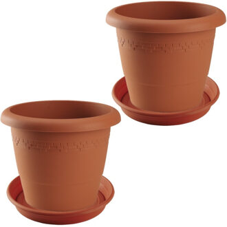 Hega hogar 2x stuks bloempotten met onderschaal terra cotta rond diameter 35 cm - Plantenpotten Bruin