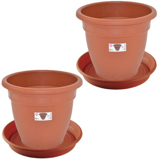 Hega hogar 2x stuks bloempotten met onderschaal terra cotta rond diameter 35 cm - Plantenpotten Bruin