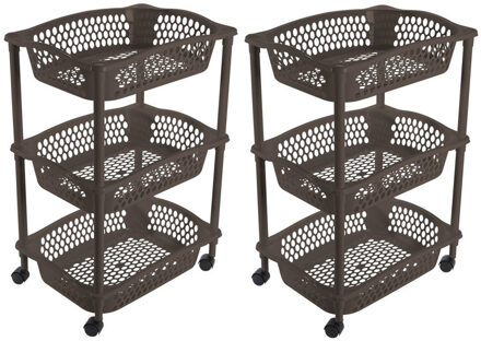 Hega hogar 2x stuks keuken opberg trolleys/roltafels met 3 manden 62 cm cappuchino bruin