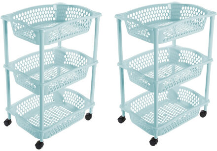 Hega hogar 2x stuks keuken opberg trolleys/roltafels met 3 manden 62 cm lichtblauw - Opberg trolley