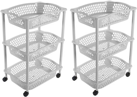 Hega hogar 2x stuks keuken opberg trolleys/roltafels met 3 manden 62 cm lichtgrijs