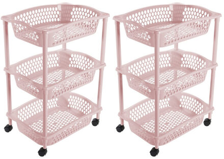 Hega hogar 2x stuks keuken opberg trolleys/roltafels met 3 manden 62 cm lichtroze