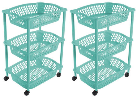 Hega hogar 2x stuks keuken opberg trolleys/roltafels met 3 manden 62 cm turquoise blauw