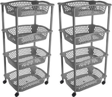 Hega hogar 2x stuks keuken opberg trolleys/roltafels met 4 manden 86 cm donkergrijs - Opberg trolley