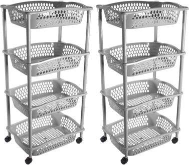 Hega hogar 2x stuks keuken opberg trolleys/roltafels met 4 manden 86 cm zilvergrijs - Opberg trolley Zilverkleurig