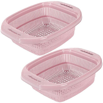 Hega hogar 2x stuks kunststof keuken vergieten/zeven in het roze 39 x 27 x 12 cm met rand