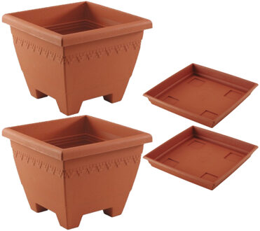 Hega hogar 2x stuks vierkante plantenbakken terra cotta met opvangschaal 40 x 40 x 31 cm - Plantenbakken Bruin