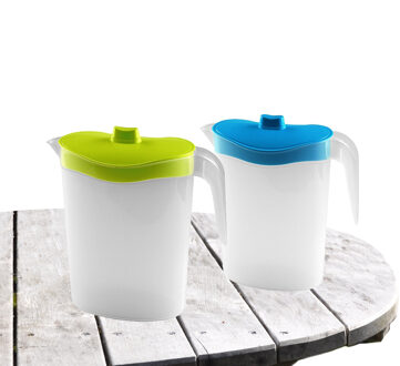 Hega hogar 2x stuks waterkan/sapkan/limonadekan karaf deksel 1.5 liter kunststof groen/blauw