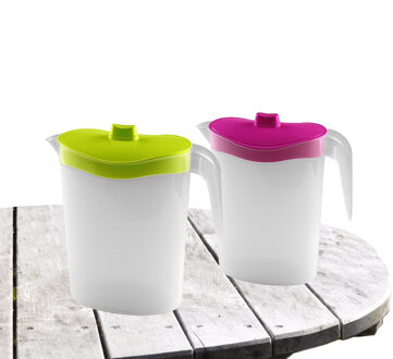 Hega hogar 2x stuks waterkan/sapkan/limonadekan karaf deksel 1.5 liter kunststof groen/roze