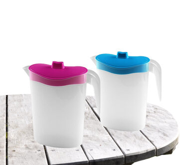 Hega hogar 2x stuks waterkan/sapkan/limonadekan karaf deksel 1.5 liter kunststof roze/blauw