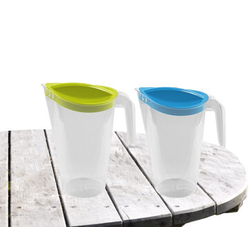Hega hogar 2x stuks waterkan/sapkan/limonadekan karaf deksel 1,75 liter kunststof groen/blauw
