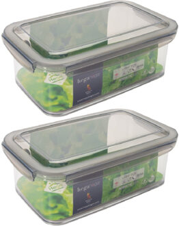 Hega hogar 2x Voorraad/vershoudbakjes 1,9 liter transparant/grijs plastic 24 x 15 cm - Vershoudbakjes