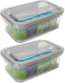 Hega hogar 2x Voorraad/vershoudbakjes met inzettray 1,9 liter transparant/grijs plastic 24 x 15 cm - Vershoudbakjes