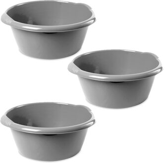 Hega hogar 3x Ronde afwasteilen/afwasbakken zilver 3 liter 25 x 11 cm - Florencia teilen - Kunststof/plastic schoonmaakemmer/sopemmer teiltje