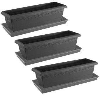 Hega hogar 3x stuks antraciet grijze plantenbakken/bloembakken met onderschaal 60 x 20 x 16 cm
