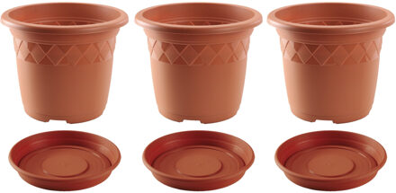 Hega hogar 3x stuks bloempotten met onderschaal terra cotta rond diameter 29 cm