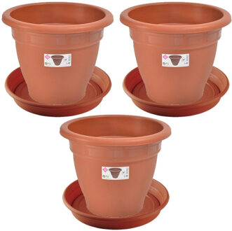 Hega hogar 3x stuks bloempotten met onderschaal terra cotta rond diameter 30 cm