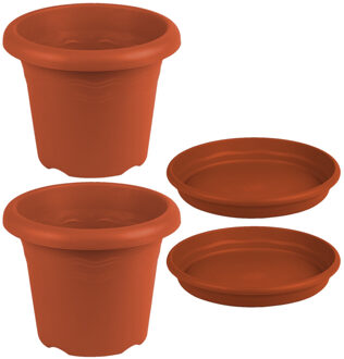 Hega hogar 3x stuks ronde plantenpotten terra cotta met opvangschaal met diameter 16 cm - Kunststof - Buiten gebruik