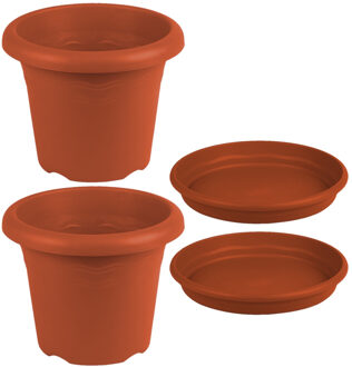 Hega hogar 3x stuks ronde plantenpotten terra cotta met opvangschaal met diameter 18 cm - Kunststof - Buiten gebruik