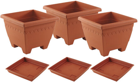 Hega hogar 3x stuks vierkante plantenbakken/potten  30 x 30 x 23 cm terra cotta kleur met opvangschaal van 27 cm - Kunststof - Buiten gebruik