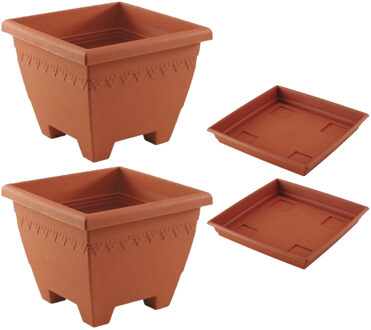 Hega hogar 3x stuks vierkante plantenbakken/potten  35 x 35 x 27 cm terra cotta kleur met opvangschaal van 31 cm - Kunststof - Buiten gebruik