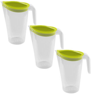Hega hogar 3x Waterkannen/sapkannen met groene deksel 1,75 liter 13 x 22 cm kunststof - Compact formaat schenkkannen die in de koelkastdeur past - Sapkannen/waterkannen/schenkkannen/limonadekannen