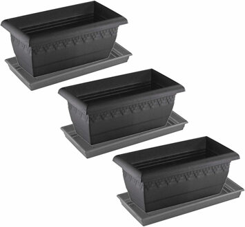 Hega hogar 4x stuks antraciet grijze plantenbakken/bloembakken met onderschaal 40 x 20 x 16 cm