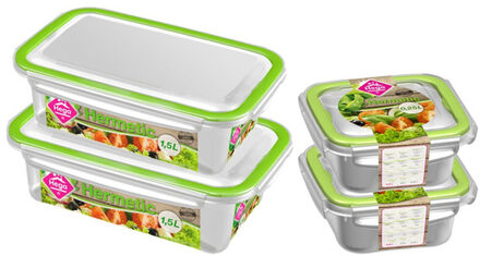 Hega hogar 4x Voedsel plastic bewaarbakjes 0,25 en 1,5 liter transparant/groen - Vershoudbakjes