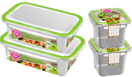 Hega hogar 4x Voedsel plastic bewaarbakjes 0,5 en 1,5 liter transparant/groen - Vershoudbakjes