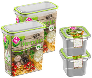Hega hogar 4x Voedsel plastic bewaarbakjes 0,5 en 2 liter transparant/groen - Vershoudbakjes