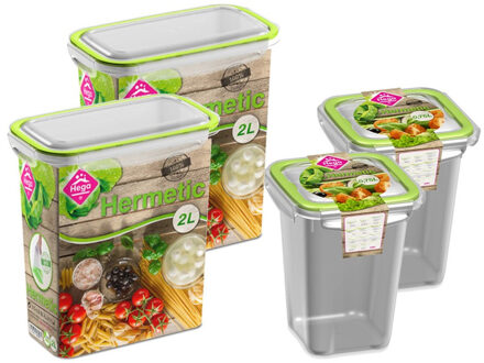 Hega hogar 4x Voedsel plastic bewaarbakjes 0,75 en 2 liter transparant/groen - Vershoudbakjes