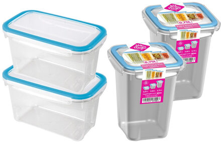 Hega hogar 4x Voedsel plastic bewaarbakjes 1,2 en 0,75 liter transparant/blauw - Vershoudbakjes