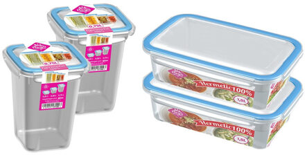 Hega hogar 4x Voedsel plastic bewaarbakjes 1,5 en 0,75 liter transparant/blauw - Vershoudbakjes