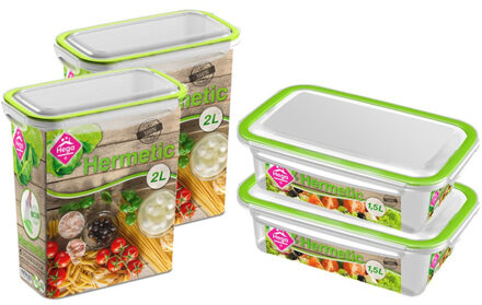 Hega hogar 4x Voedsel plastic bewaarbakjes 1,5 en 2 liter transparant/groen - Vershoudbakjes