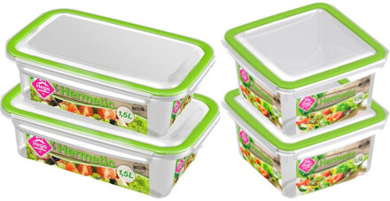 Hega hogar 4x Voedsel plastic bewaarbakjes 1,5 liter transparant/groen - Vershoudbakjes