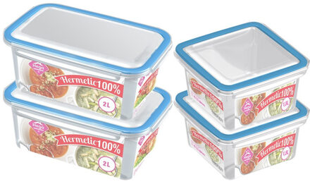Hega hogar 4x Voedsel plastic bewaarbakjes 2 en 1,5 liter transparant/blauw - Vershoudbakjes